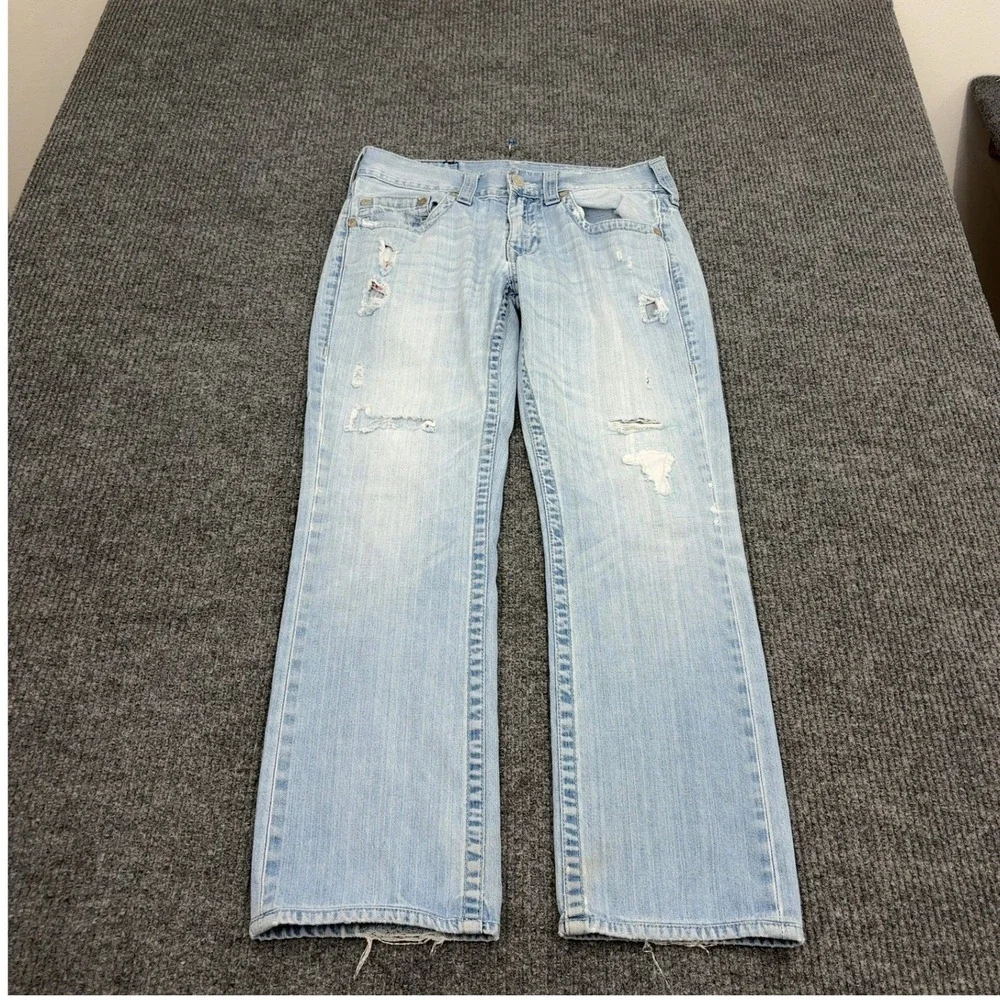 True Religion Jeans Mens 31 Light Wash Cotton Distressed Straight‎ Leg Y2K Style